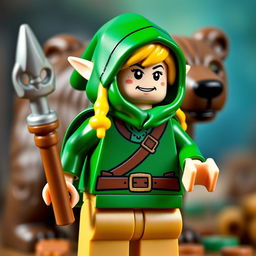 A Lego figure of an elf with blonde hair wearing a green hood, holding a staff, with a bear in the background, colorful and dynamic composition, playful atmosphere