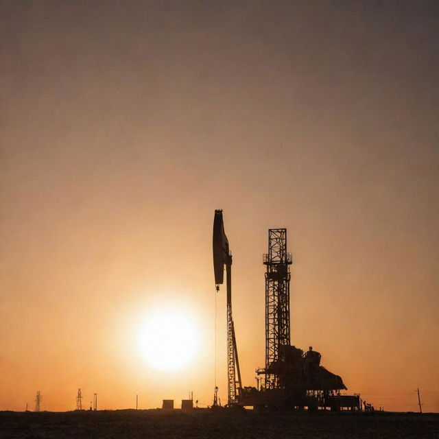 A towering oil rig in West Texas set against a dusty orange sky with a radiant sun simmering on the horizon, emanating an intense, warm glow.