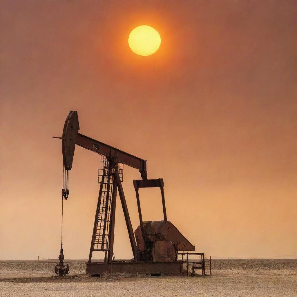 A sturdy oil rig in West Texas under a dusty orange sky with a striking sun and a vibrant Texas flag fluttering in the breeze.