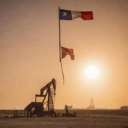 A sturdy oil rig in West Texas under a dusty orange sky with a striking sun and a vibrant Texas flag fluttering in the breeze.