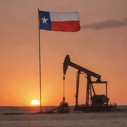 A sturdy oil rig in West Texas under a dusty orange sky with a striking sun and a vibrant Texas flag fluttering in the breeze.