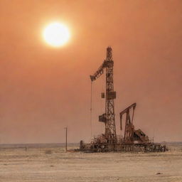 A sturdy oil rig in West Texas under a dusty orange sky with a striking sun and a vibrant Texas flag fluttering in the breeze.