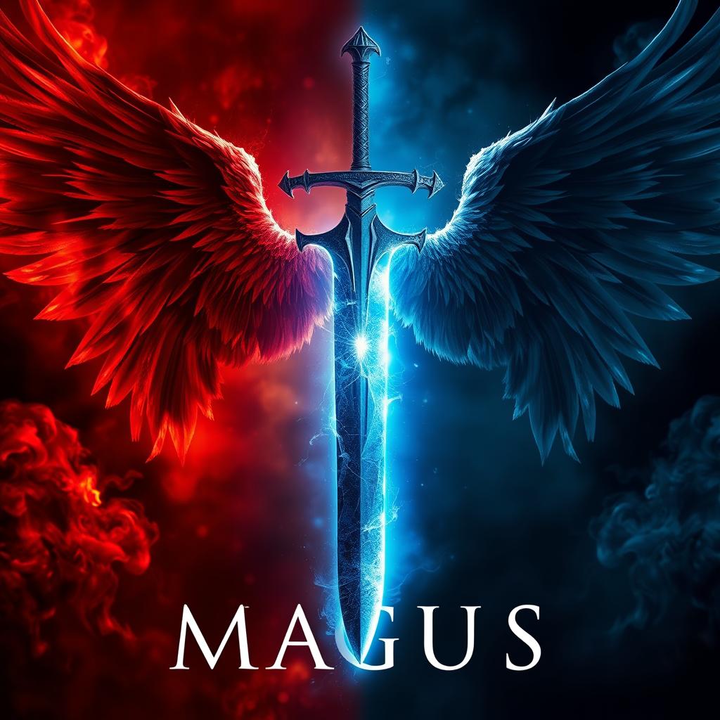 In the center of the cover, between two halves, a large fragment of an angelic sword floats