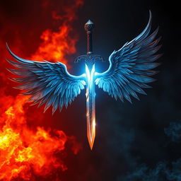 In the center of the cover, between two halves, a large fragment of an angelic sword floats