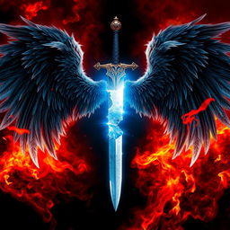 In the center of the cover, between two halves, a large fragment of an angelic sword floats