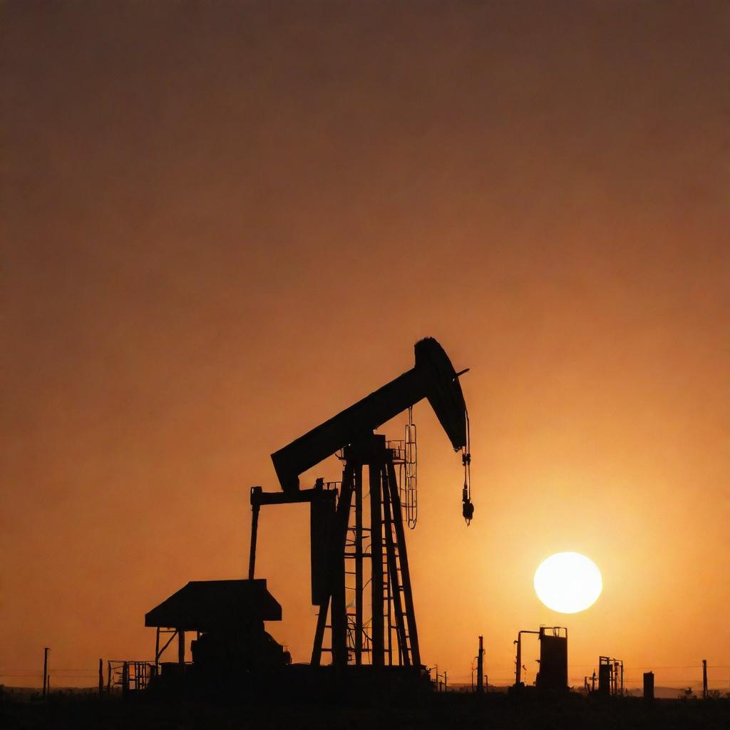 A monumental oil rig in West Texas, silhouetted by the radiant setting sun under a dusty orange sky, encapsulating the essence of the Texan landscape.