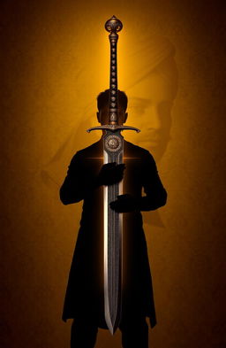 A majestic sword with intricate engravings of Indian motifs, set against a dark golden background that features subtle traditional Indian patterns