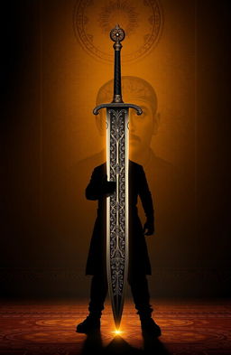 A majestic sword with intricate engravings of Indian motifs, set against a dark golden background that features subtle traditional Indian patterns