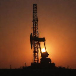 A monumental oil rig in West Texas, silhouetted by the radiant setting sun under a dusty orange sky, encapsulating the essence of the Texan landscape.