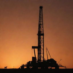 A monumental oil rig in West Texas, silhouetted by the radiant setting sun under a dusty orange sky, encapsulating the essence of the Texan landscape.