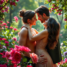 A romantic and intimate scene of a couple in love, sharing a passionate moment in a lush garden