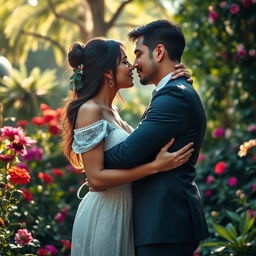 A romantic and intimate scene of a couple in love, sharing a passionate moment in a lush garden