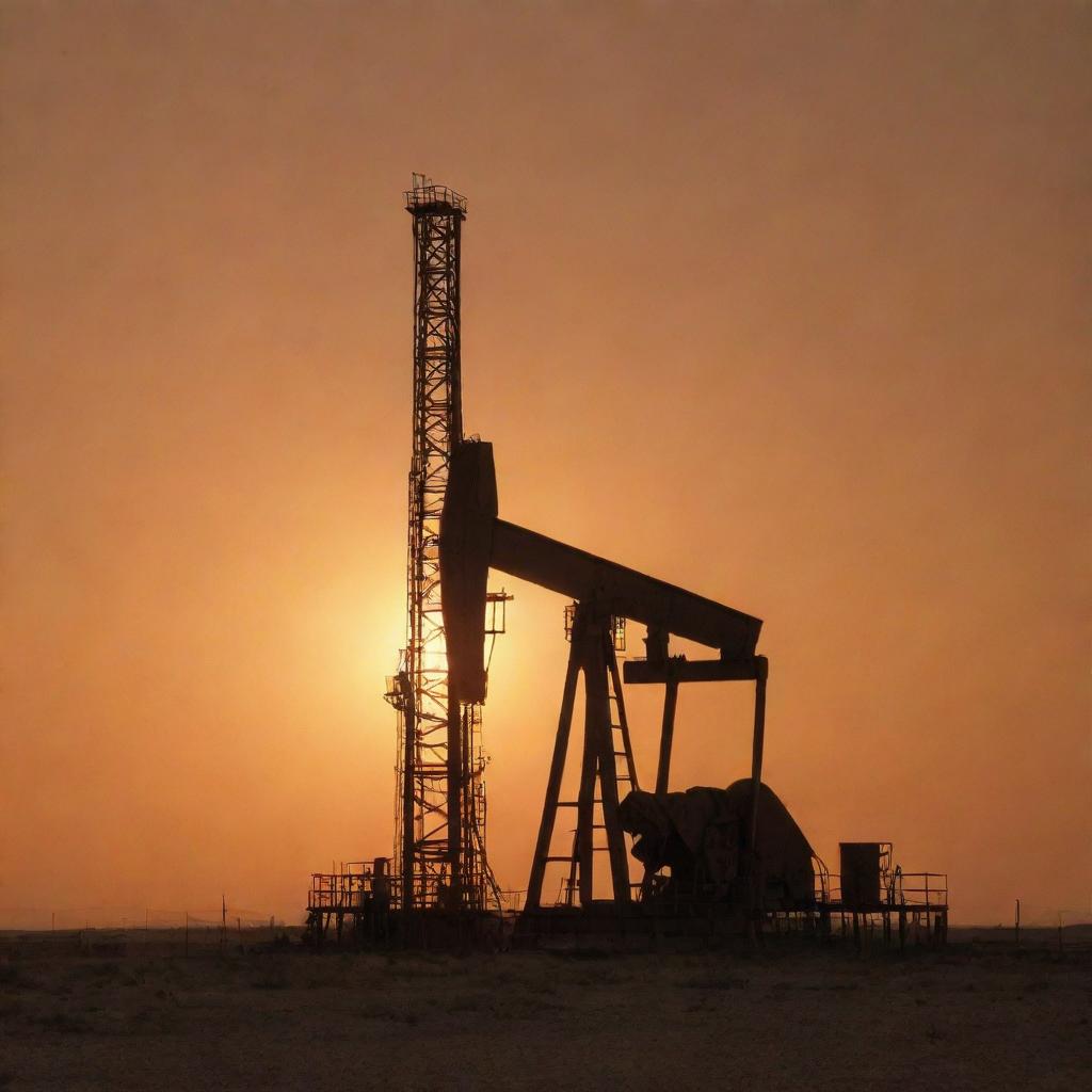 A 1990s-era oil rig in West Texas bathed in the warm light of a setting sun, with a dusty orange sky arching overhead, perfectly revealing the past character of the region.