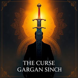 A majestic sword with intricate engravings of traditional Indian motifs, positioned centrally against a dark golden background that features subtle Indian designs