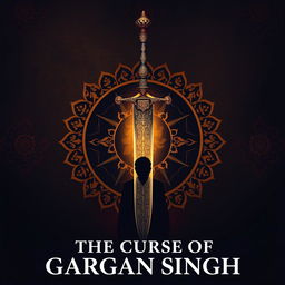 A majestic sword with intricate engravings of traditional Indian motifs, positioned centrally against a dark golden background that features subtle Indian designs