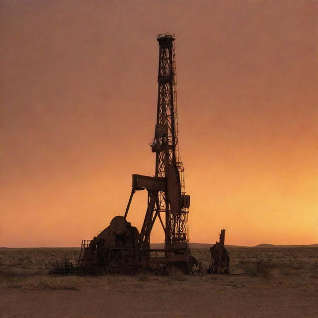 A 1990s-era oil rig in West Texas bathed in the warm light of a setting sun, with a dusty orange sky arching overhead, perfectly revealing the past character of the region.