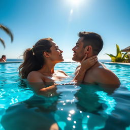 A beautiful and sexy couple sharing a passionate kiss in a luxurious swimming pool