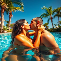 A beautiful and sexy couple sharing a passionate kiss in a luxurious swimming pool