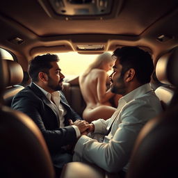A sensual scene set in an upscale car, where an Indian man is intimately engaged with another man, as they share a passionate moment together