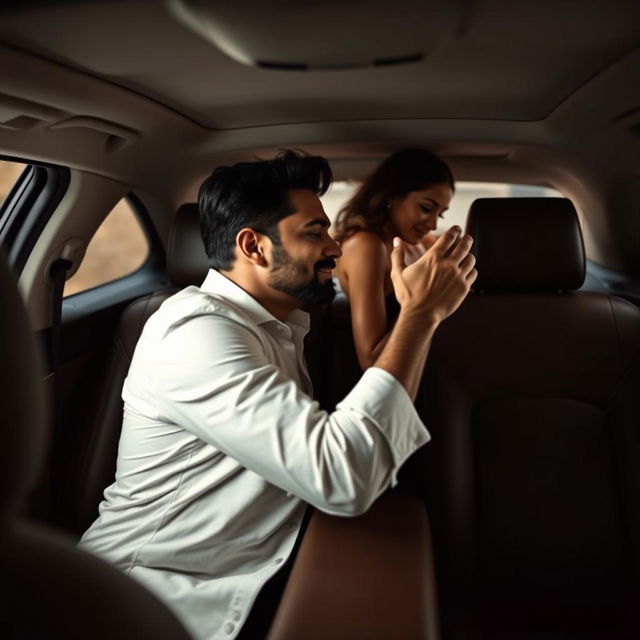 A sensual scene set in an upscale car, where an Indian man is intimately engaged with another man, as they share a passionate moment together