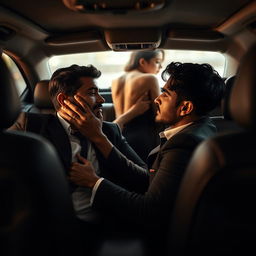 A sensual scene set in an upscale car, where an Indian man is intimately engaged with another man, as they share a passionate moment together