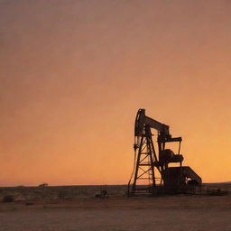 A 1990s-era oil rig in West Texas bathed in the warm light of a setting sun, with a dusty orange sky arching overhead, perfectly revealing the past character of the region.