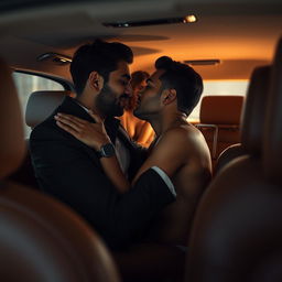 A sensual scene set in an upscale car, where an Indian man is intimately engaged with another man, as they share a passionate moment together