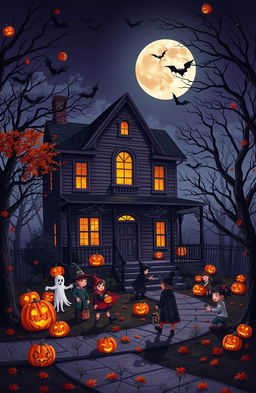 A spooky yet festive Halloween scene featuring a haunted house under a full moon, with jack-o'-lanterns glowing on the porch