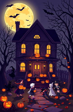 A spooky yet festive Halloween scene featuring a haunted house under a full moon, with jack-o'-lanterns glowing on the porch