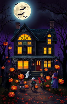 A spooky yet festive Halloween scene featuring a haunted house under a full moon, with jack-o'-lanterns glowing on the porch