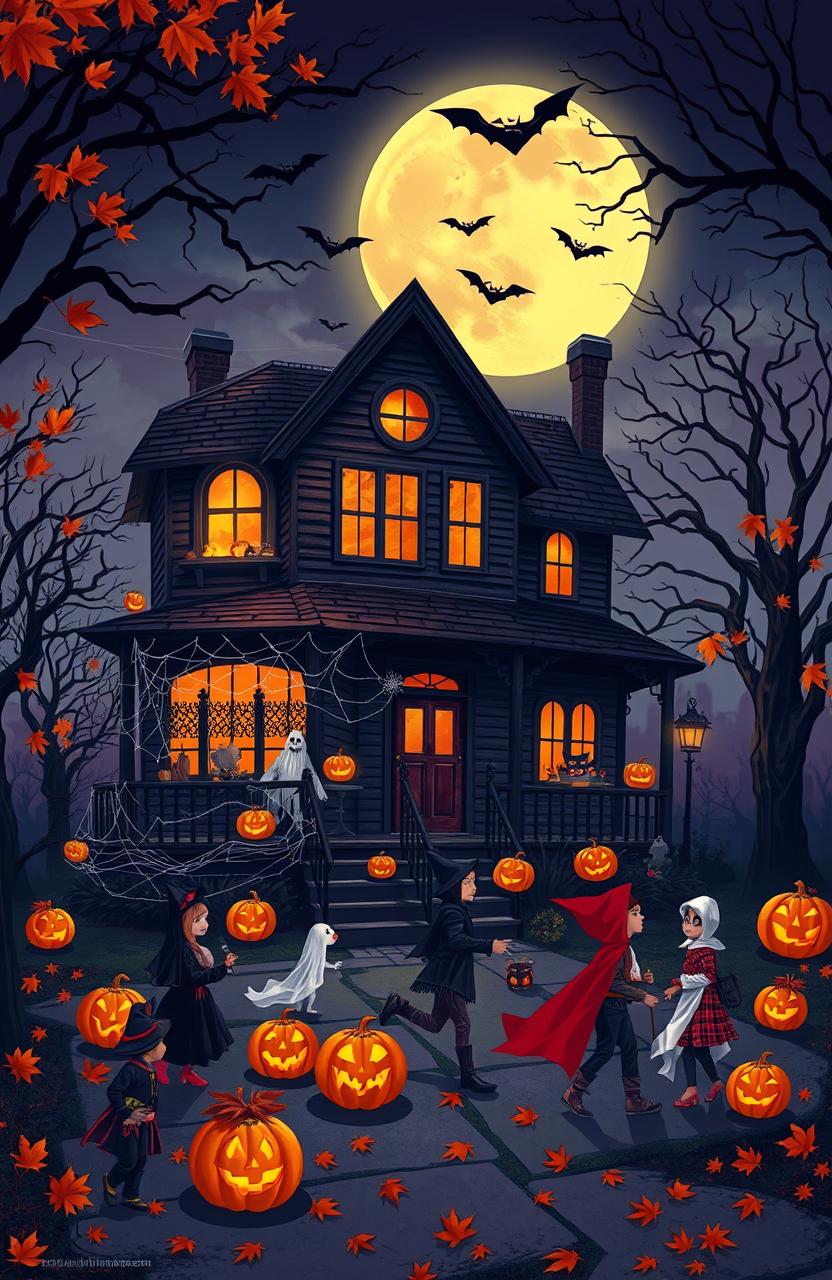 A spooky yet festive Halloween scene featuring a haunted house under a full moon, with jack-o'-lanterns glowing on the porch