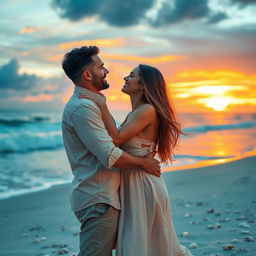 A romantic and intimate scene featuring a couple deeply in love, embracing each other on a beautiful beach during sunset