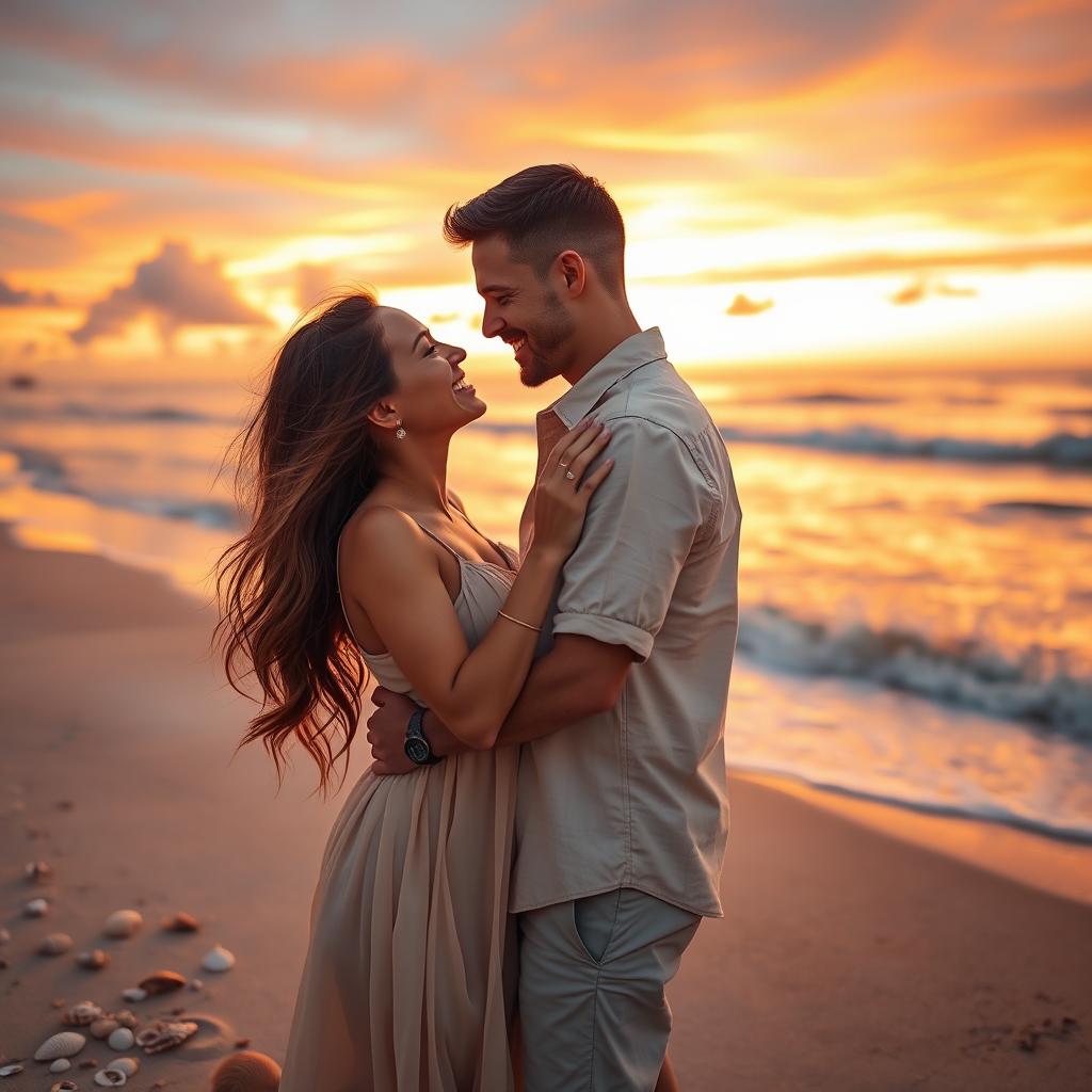 A romantic and intimate scene featuring a couple deeply in love, embracing each other on a beautiful beach during sunset