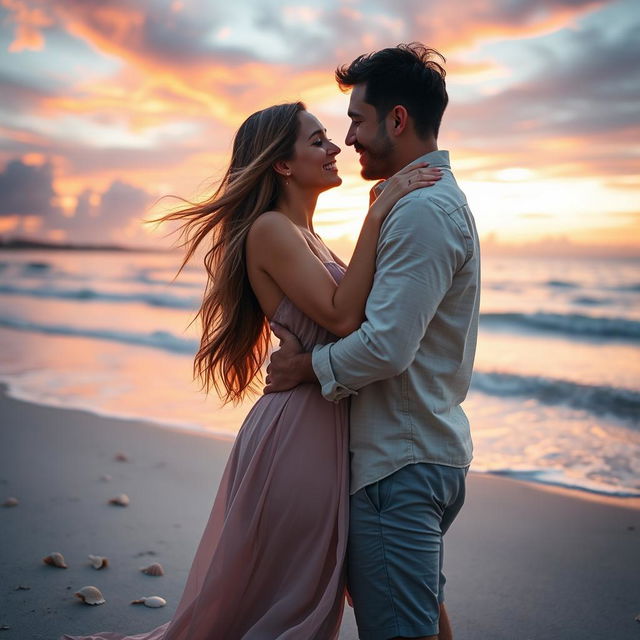 A romantic and intimate scene featuring a couple deeply in love, embracing each other on a beautiful beach during sunset