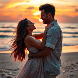 A romantic and intimate scene featuring a couple deeply in love, embracing each other on a beautiful beach during sunset