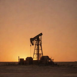 A 1990s-era oil rig in West Texas bathed in the warm light of a setting sun, with a dusty orange sky arching overhead, perfectly revealing the past character of the region.