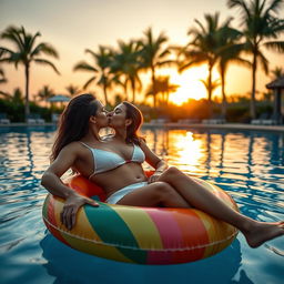 A romantic couple enjoying a serene moment by a luxurious swimming pool at sunset, their bodies relaxed and intertwined