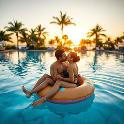 A romantic couple enjoying a serene moment by a luxurious swimming pool at sunset, their bodies relaxed and intertwined