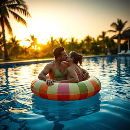 A romantic couple enjoying a serene moment by a luxurious swimming pool at sunset, their bodies relaxed and intertwined