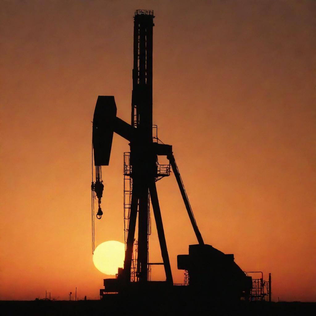 A rugged oil rig silhouetted against the brilliant setting sun in West Texas, with a dusty orange sky offering a breathtaking backdrop.