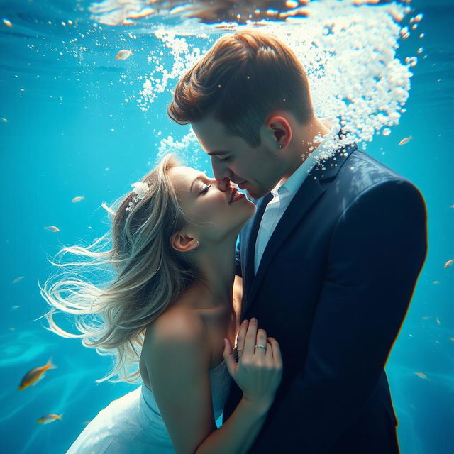 A passionate couple kissing underwater, surrounded by shimmering blue water