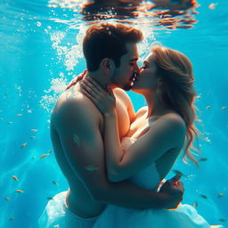 A passionate couple kissing underwater, surrounded by shimmering blue water