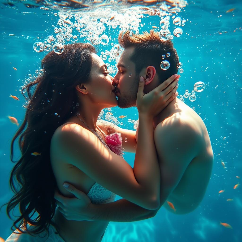 A passionate couple kissing underwater, surrounded by shimmering blue water