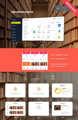 A modern library management system interface, sleek and intuitive design, featuring a user-friendly dashboard with options for catalog search, user accounts, book management, and analytics, vibrant color scheme, responsive layout suitable for tablets and computers, includes icons for books, users, and transactions, clean typography, and an engaging visual style that appeals to both librarians and patrons