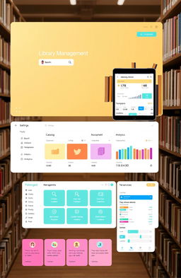 A modern library management system interface, sleek and intuitive design, featuring a user-friendly dashboard with options for catalog search, user accounts, book management, and analytics, vibrant color scheme, responsive layout suitable for tablets and computers, includes icons for books, users, and transactions, clean typography, and an engaging visual style that appeals to both librarians and patrons