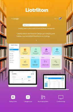 A modern library management system interface, sleek and intuitive design, featuring a user-friendly dashboard with options for catalog search, user accounts, book management, and analytics, vibrant color scheme, responsive layout suitable for tablets and computers, includes icons for books, users, and transactions, clean typography, and an engaging visual style that appeals to both librarians and patrons