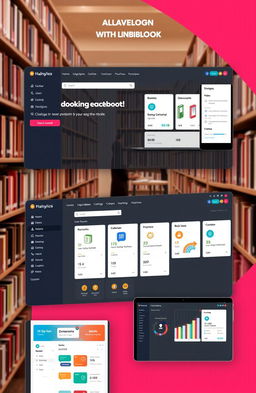 A modern library management system interface, sleek and intuitive design, featuring a user-friendly dashboard with options for catalog search, user accounts, book management, and analytics, vibrant color scheme, responsive layout suitable for tablets and computers, includes icons for books, users, and transactions, clean typography, and an engaging visual style that appeals to both librarians and patrons
