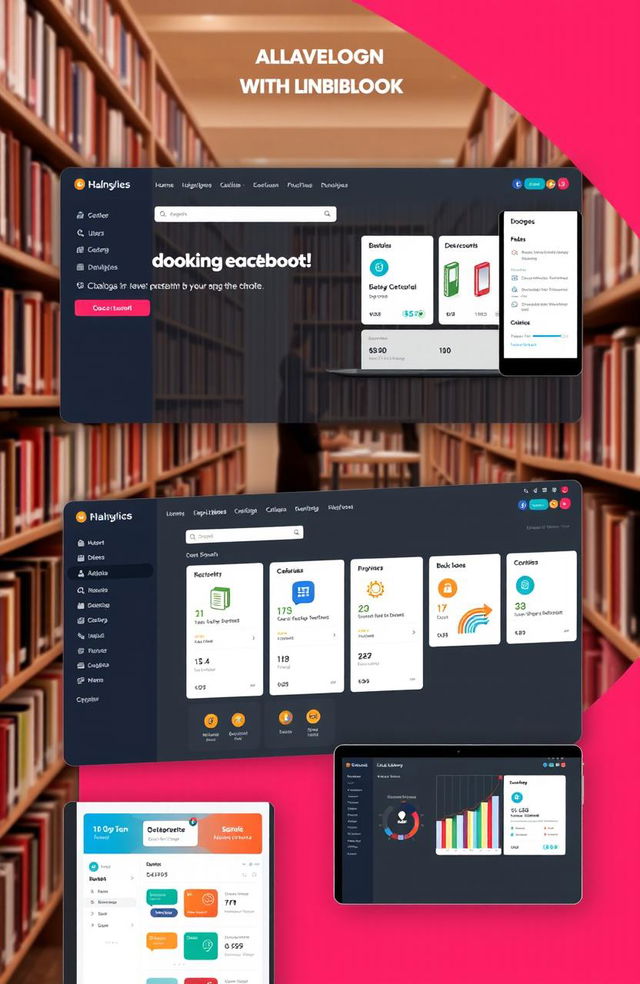 A modern library management system interface, sleek and intuitive design, featuring a user-friendly dashboard with options for catalog search, user accounts, book management, and analytics, vibrant color scheme, responsive layout suitable for tablets and computers, includes icons for books, users, and transactions, clean typography, and an engaging visual style that appeals to both librarians and patrons