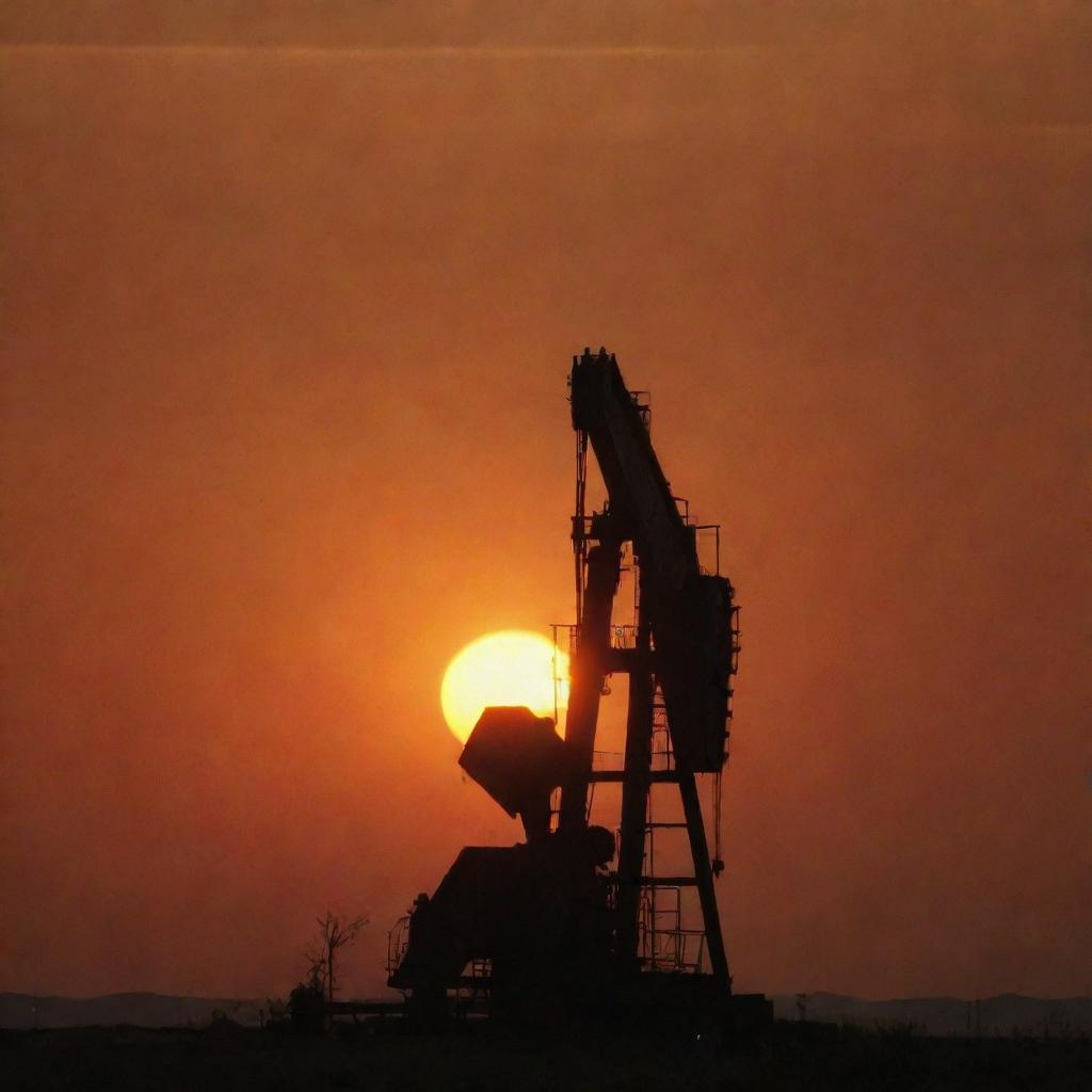 A rugged oil rig silhouetted against the brilliant setting sun in West Texas, with a dusty orange sky offering a breathtaking backdrop.