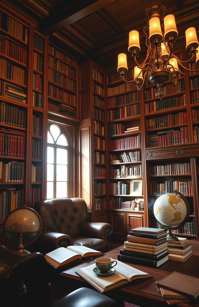 A cozy and inviting library interior filled with tall wooden bookshelves that stretch to the ceiling, brimming with books of various colors and sizes